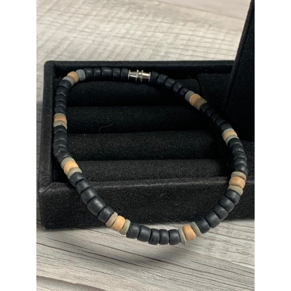 Handmade Black Tan Grey Wood Bead Anklet 10 Inch Barrel Clasp Boho Minimalist